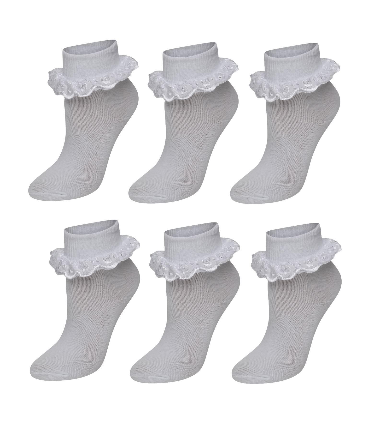 6 Pairs Of Girls Lace Socks, Children's Frilly White Ankle School Socks