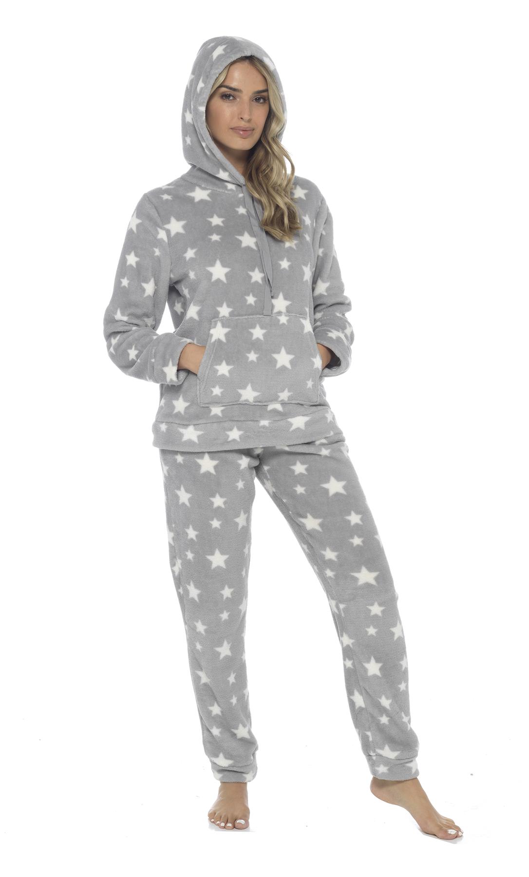 Women's Stars Hooded Pyjamas Warm Fleece Top & Pants Pyjama Lounge Set PJs - Picture 25 of 31