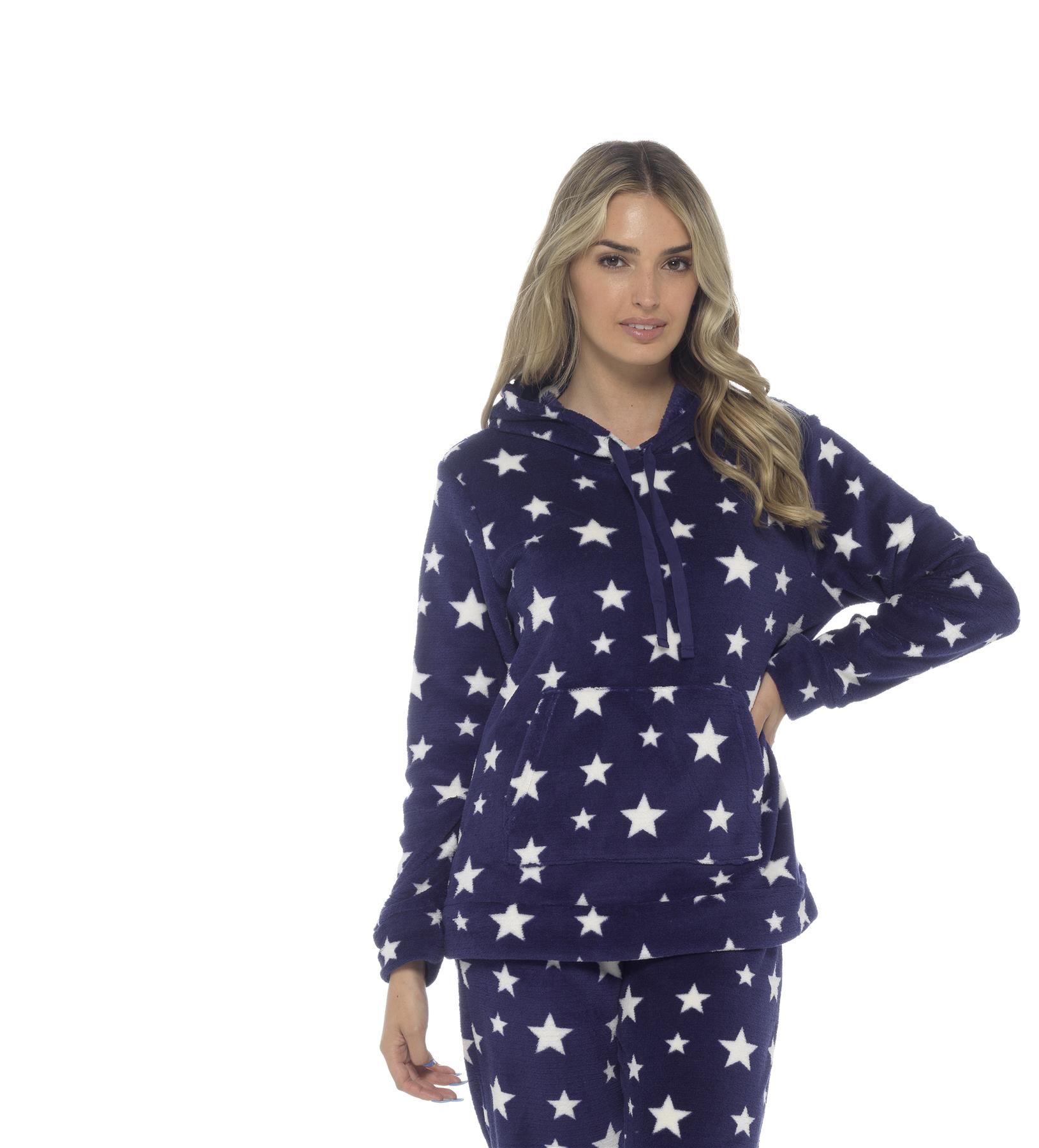 Women's Stars Hooded Pyjamas Warm Fleece Top & Pants Pyjama Lounge Set PJs - Picture 31 of 31