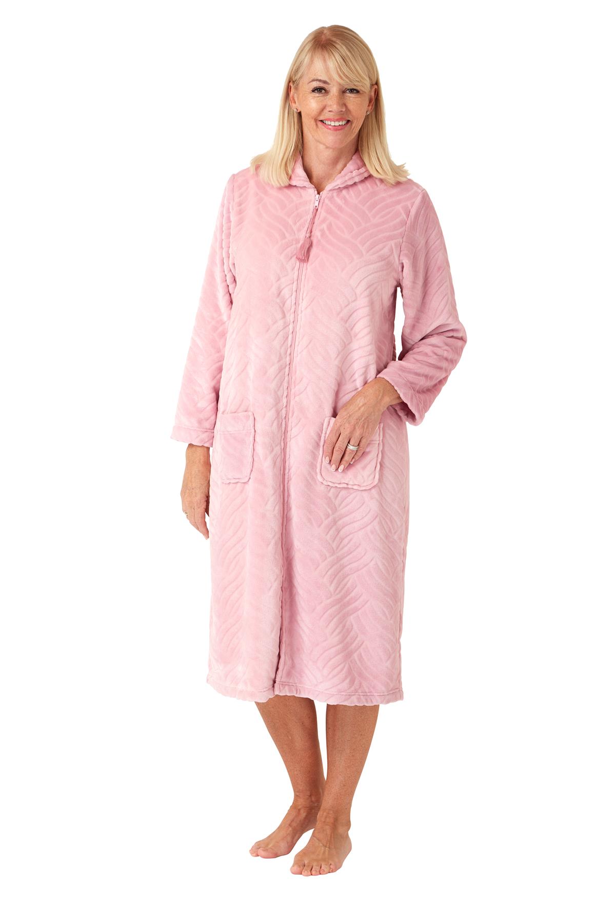 Ladies Zip Soft Fleece Dressing Gown Zipped Robe Housecoat With Pockets