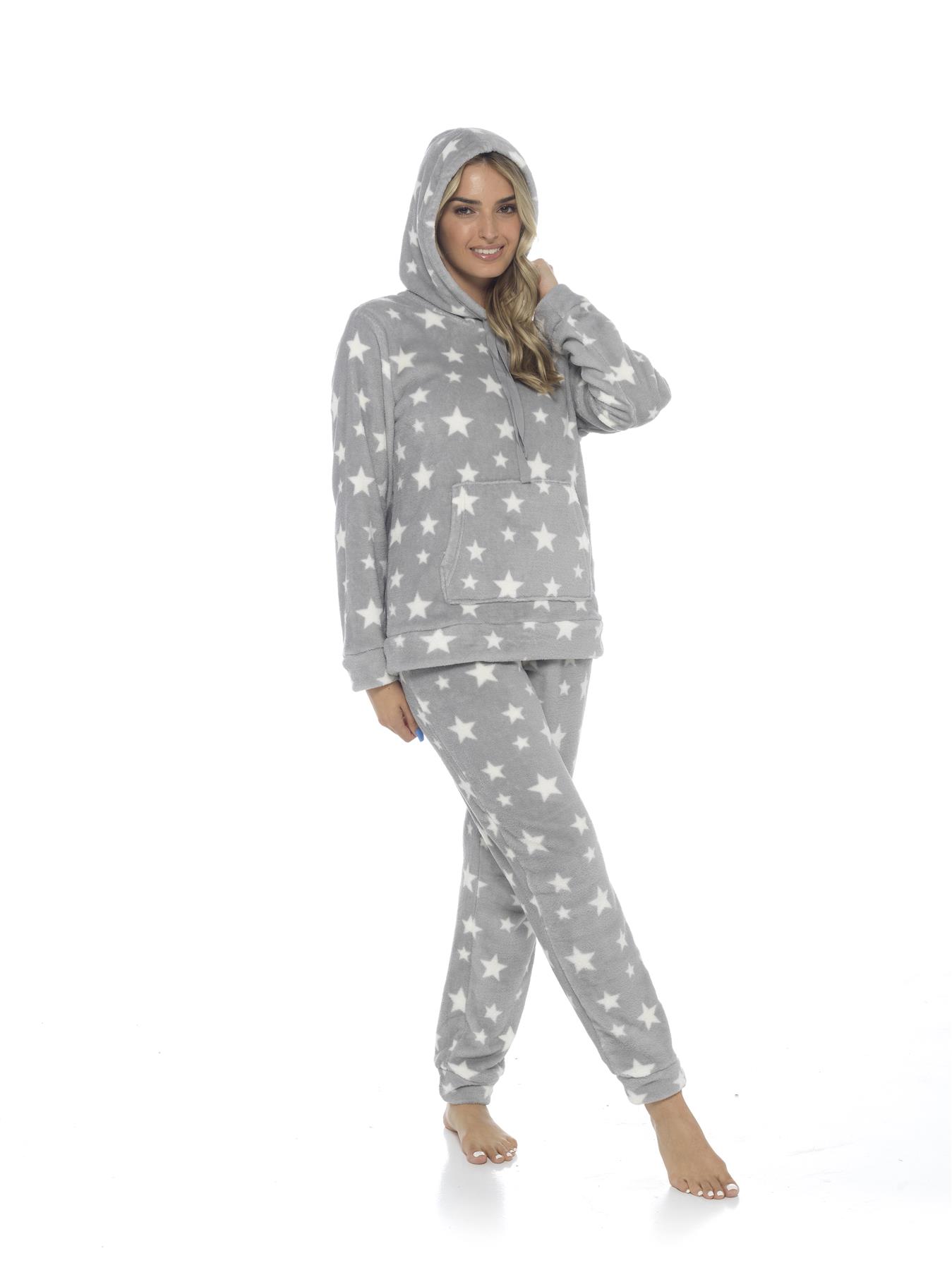Women's Stars Hooded Pyjamas Warm Fleece Top & Pants Pyjama Lounge Set PJs - Picture 22 of 31