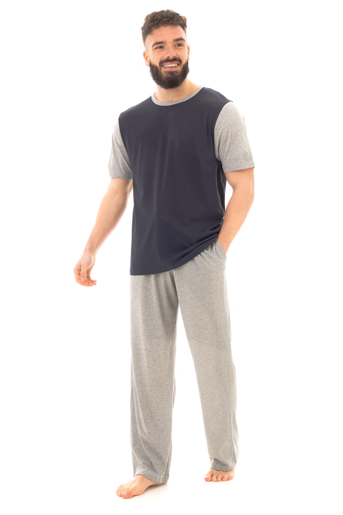 Mens Long Pyjama Sets Cotton Pyjamas Loungewear T Shirt Pants PJ Set - Picture 8 of 15