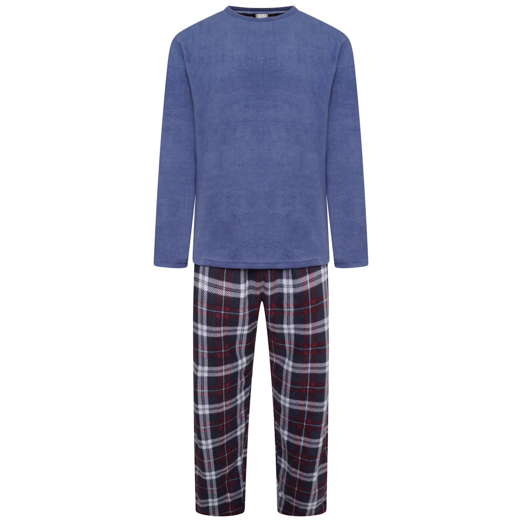 Mens Fleece Pyjama Set With Check Pants Thermal Pyjamas PJ Sets