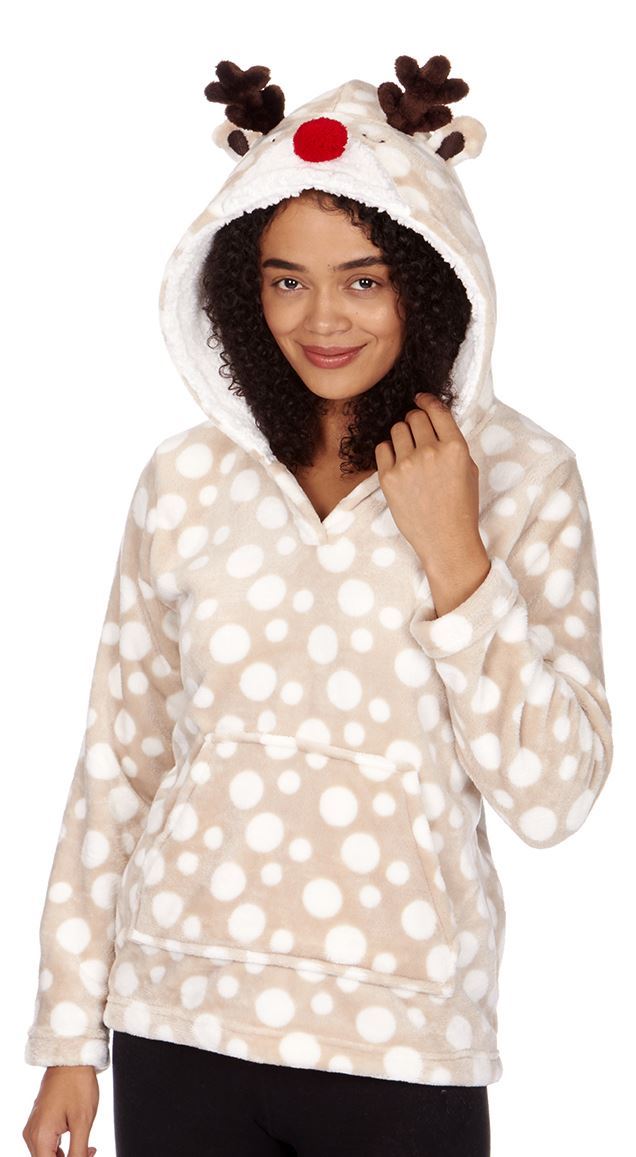 Ladies Snuggle Fleece Hooded Top, Animal Applique Top Loungewear, Size 8-22