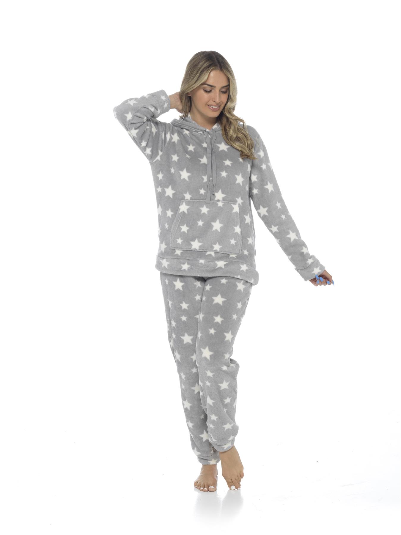 Women's Stars Hooded Pyjamas Warm Fleece Top & Pants Pyjama Lounge Set PJs - Picture 24 of 31