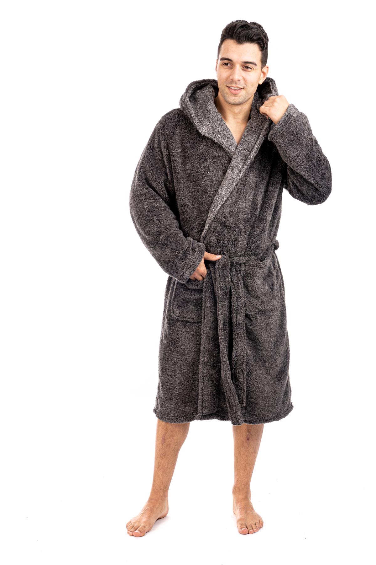 Dressing Gown Mens Fleece Gowns Hooded Bath Robe Black Grey Robes ...