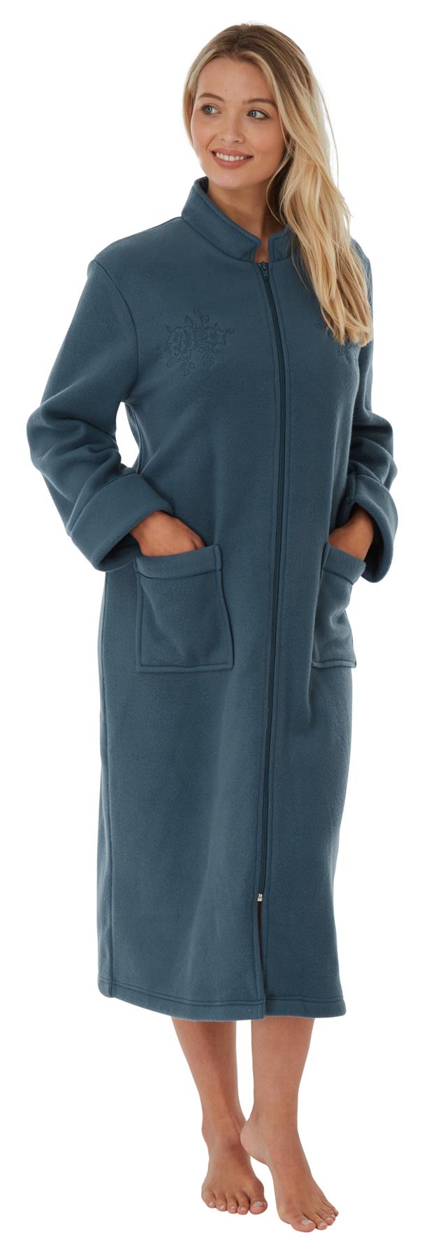 Ladies Zip Soft Fleece Dressing Gown Zipped Robe Housecoat With Pockets