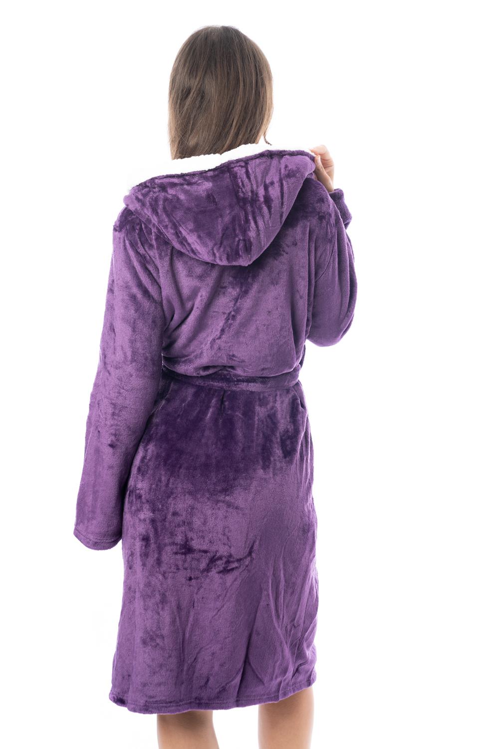 Womens Hooded Dressing Gown Bath Robe Flannel Fleece Robes Sherpa Hood