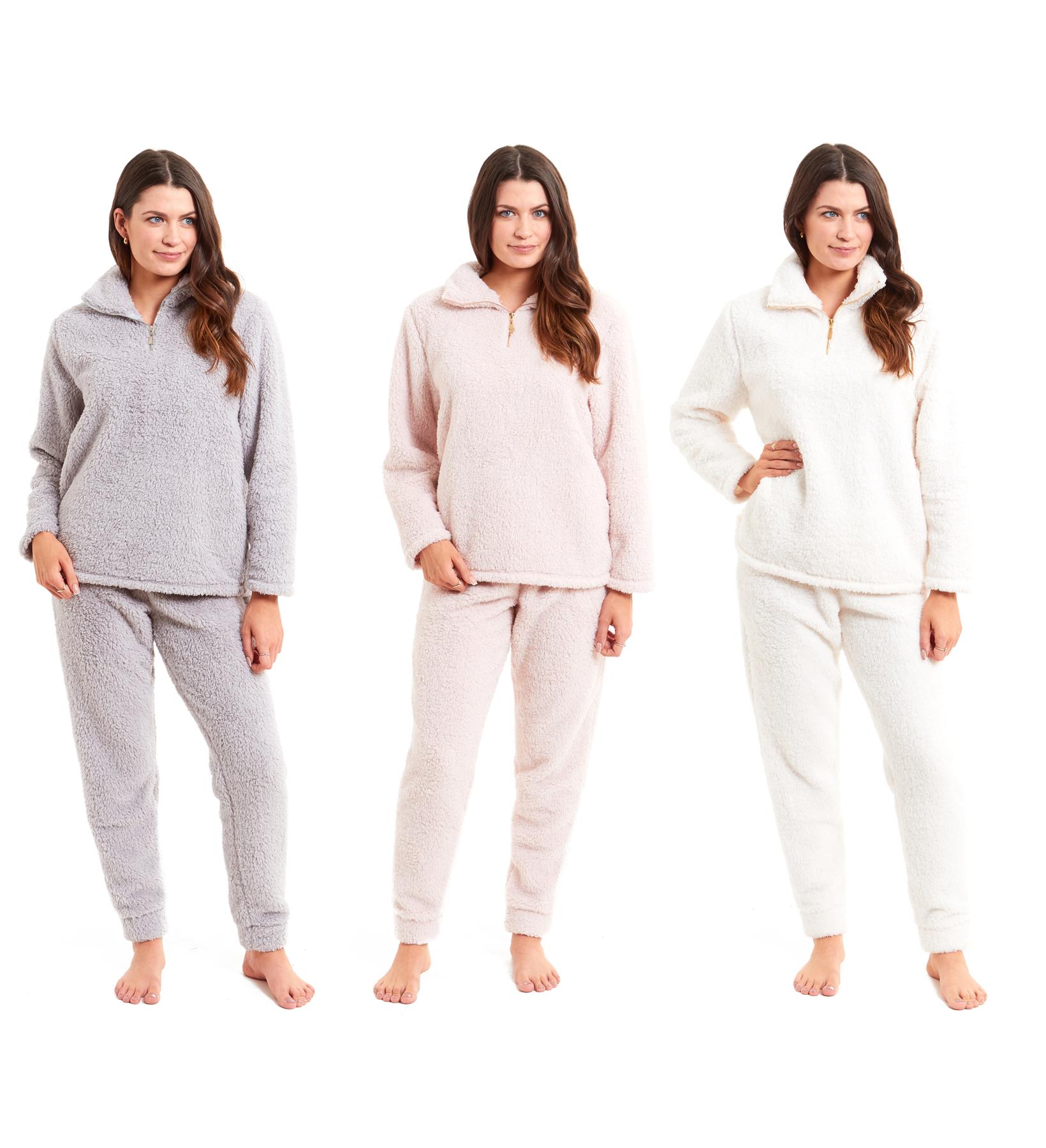 Womens Zip Teddy Fleece Pyjama Set Fluffy Cosy Pyjamas Loungewear
