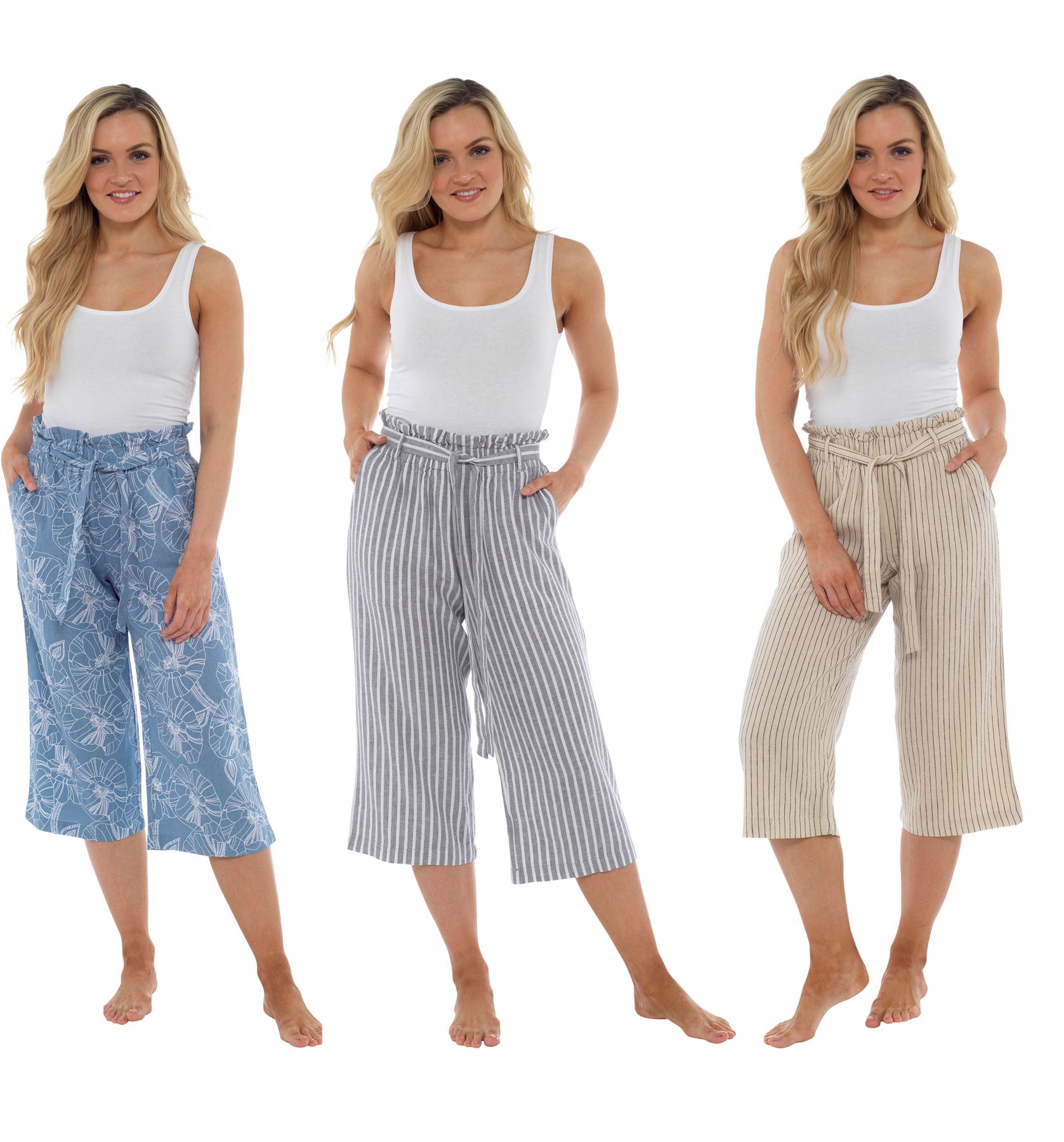 Ladies Paperbag Tie Waist 3/4 Linen 