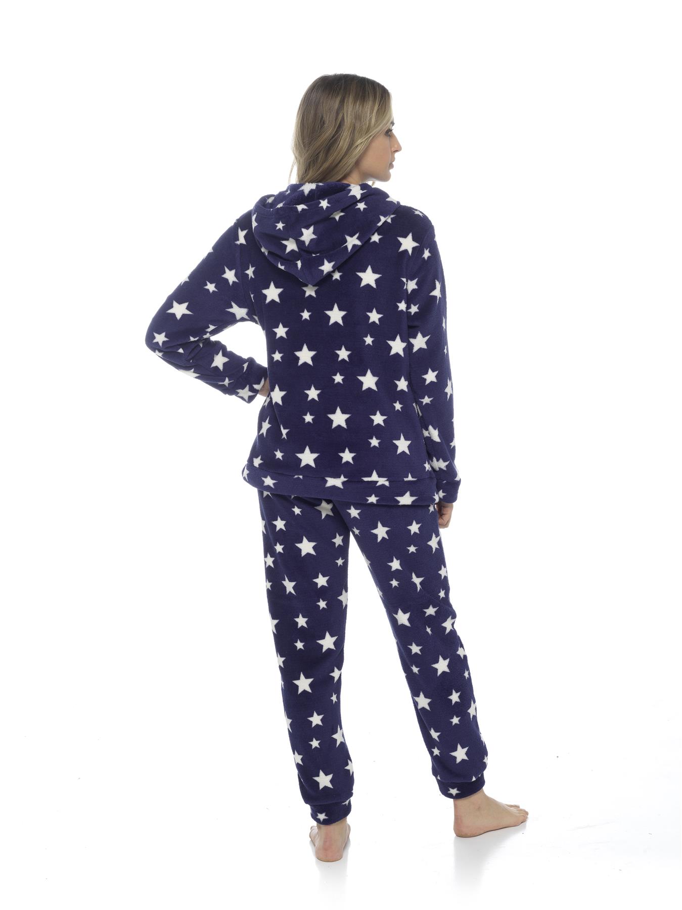 Women's Stars Hooded Pyjamas Warm Fleece Top & Pants Pyjama Lounge Set PJs - Picture 30 of 31