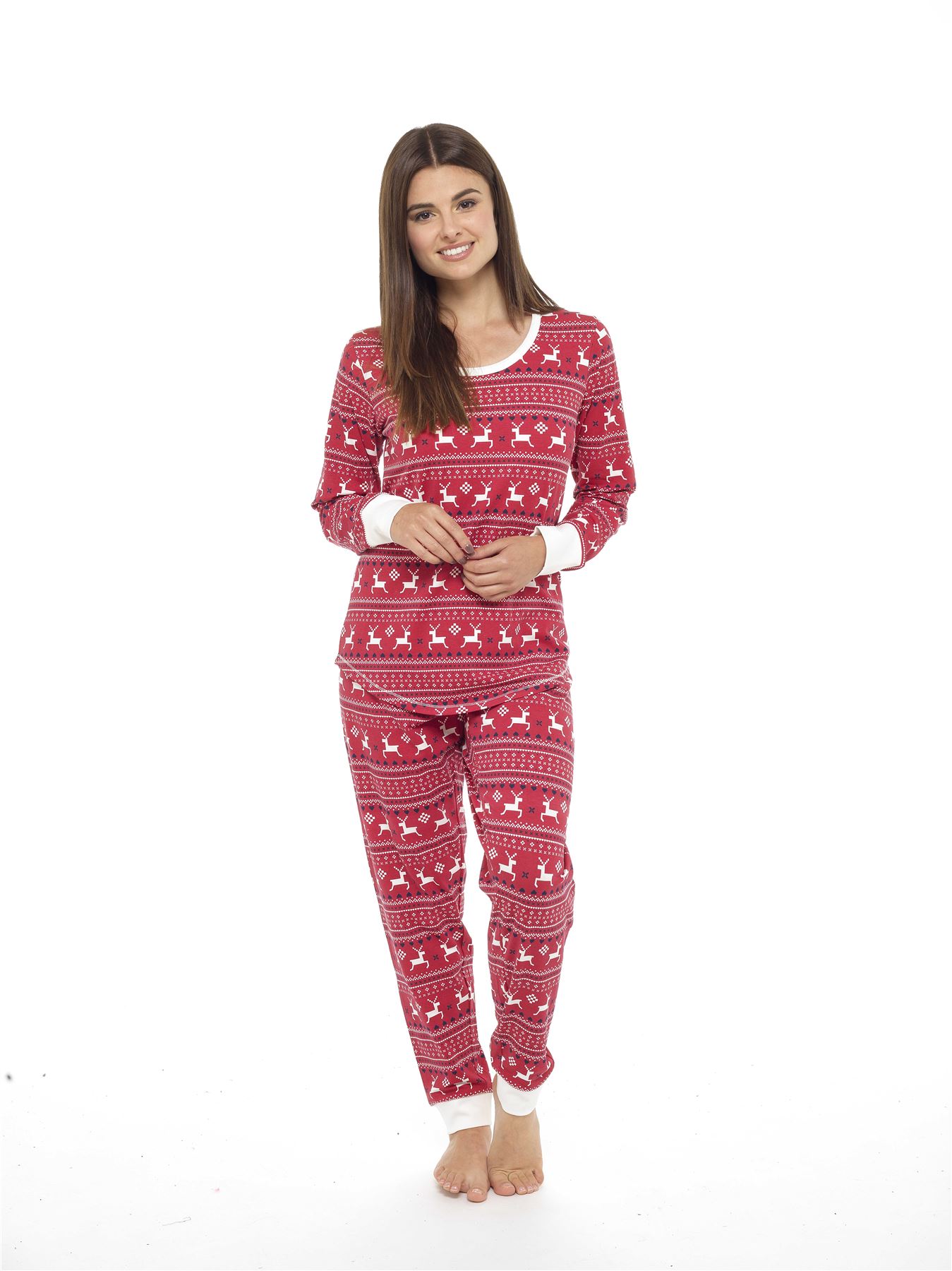 Ladies Jersey Fair Isle Reindeer Pyjamas Twosie, Cotton Pyjama Set, Red Grey eBay