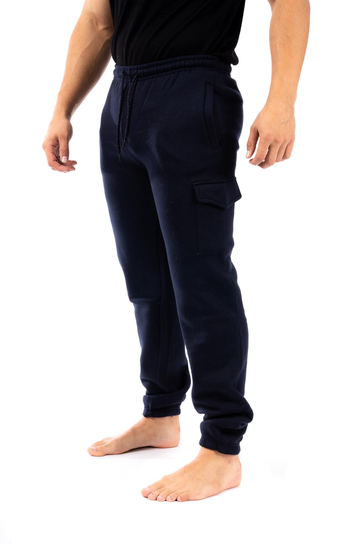 Mens Tracksuit Bottoms Cargo Side Pockets Fleece Bottom Jogging Sweat