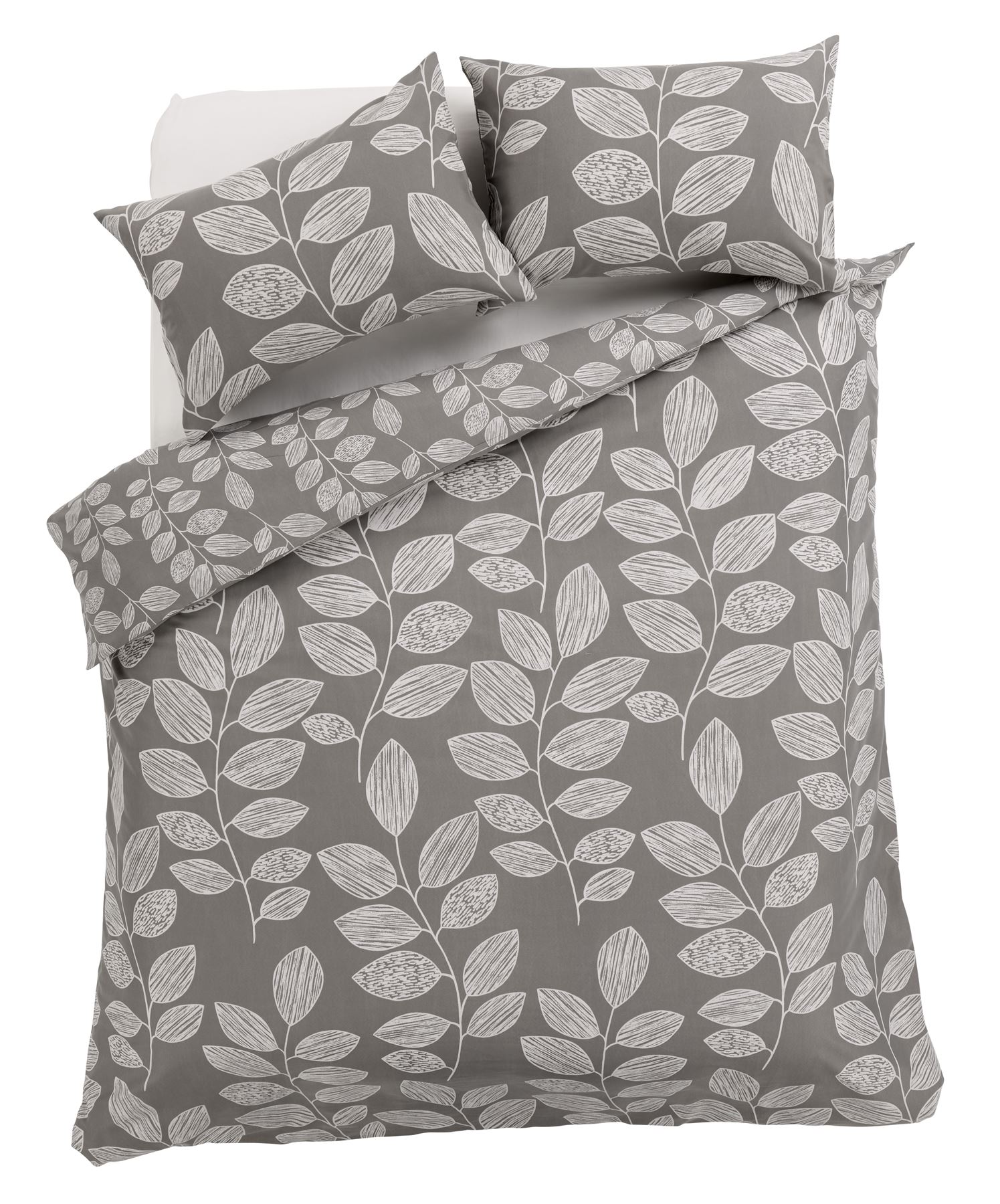 Leaves Duvet Quilt Cover Set, Bed Linen Double King Size, Grey Natural