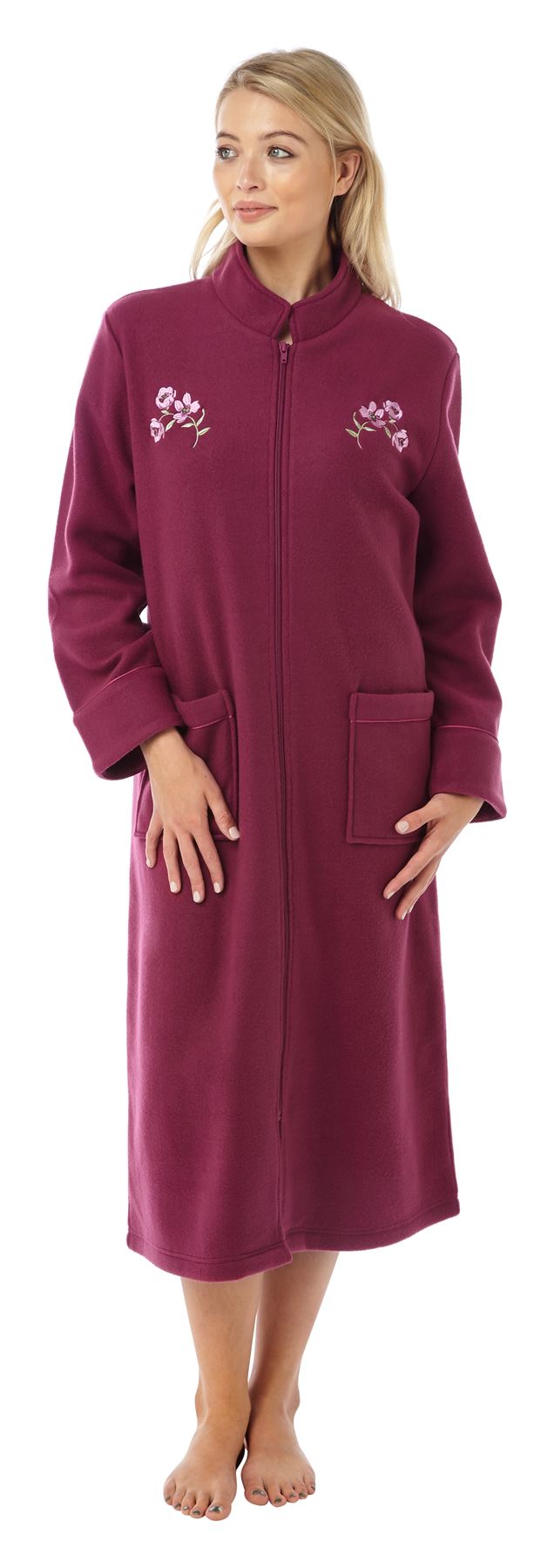 Womens Zip Fleece Dressing Gown Zipped Robe Housecoat With Pockets Size