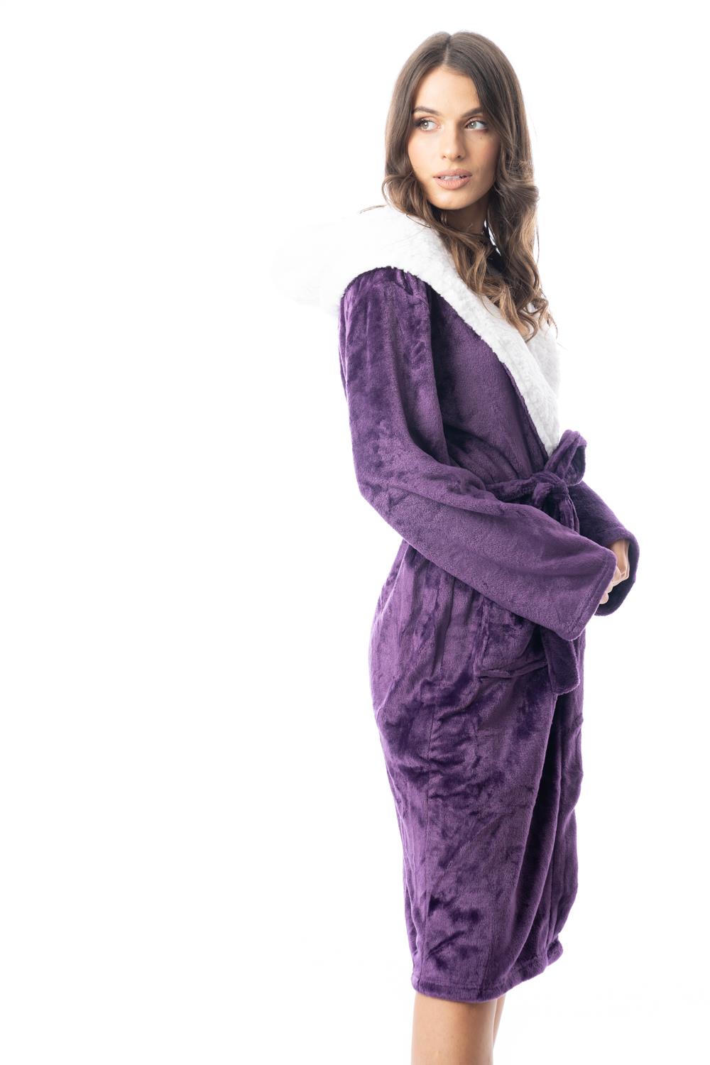 Womens Hooded Dressing Gown Bath Robe Flannel Fleece Robes Sherpa Hood