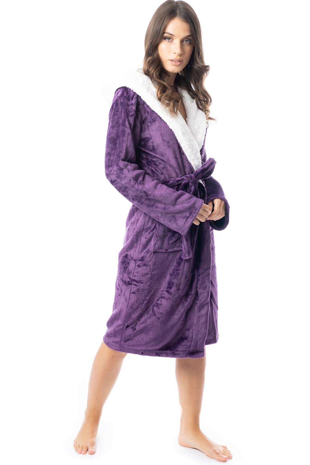 Womens Hooded Dressing Gown Bath Robe Flannel Fleece Robes Sherpa Hood