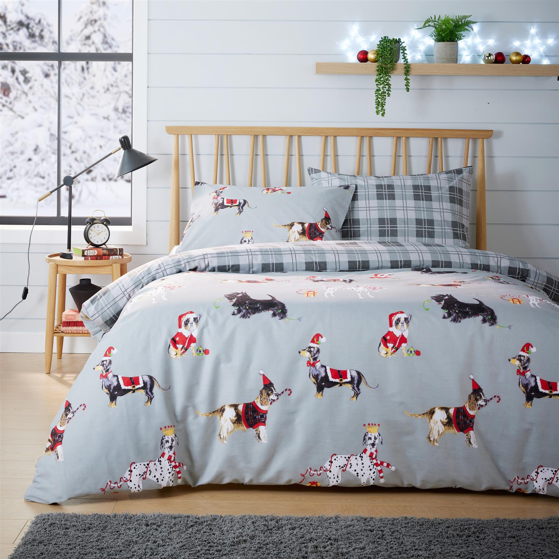 Christmas Dogs Duvet Cover Set Quilt Covers Reversible Check Bedding Bed Linen - Picture 4 of 5