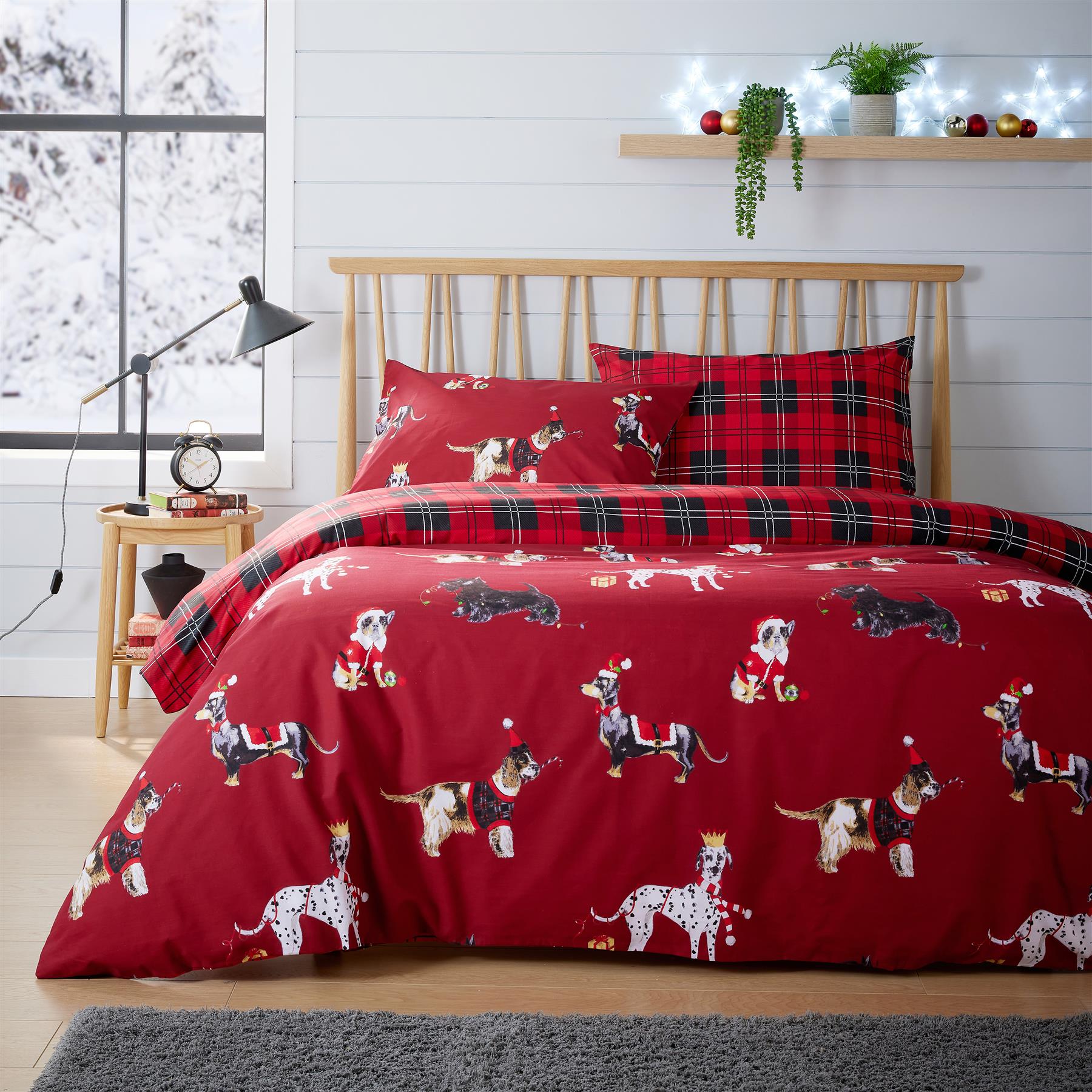 Christmas Dogs Duvet Cover Set Quilt Covers Reversible Check Bedding Bed Linen - Picture 2 of 5