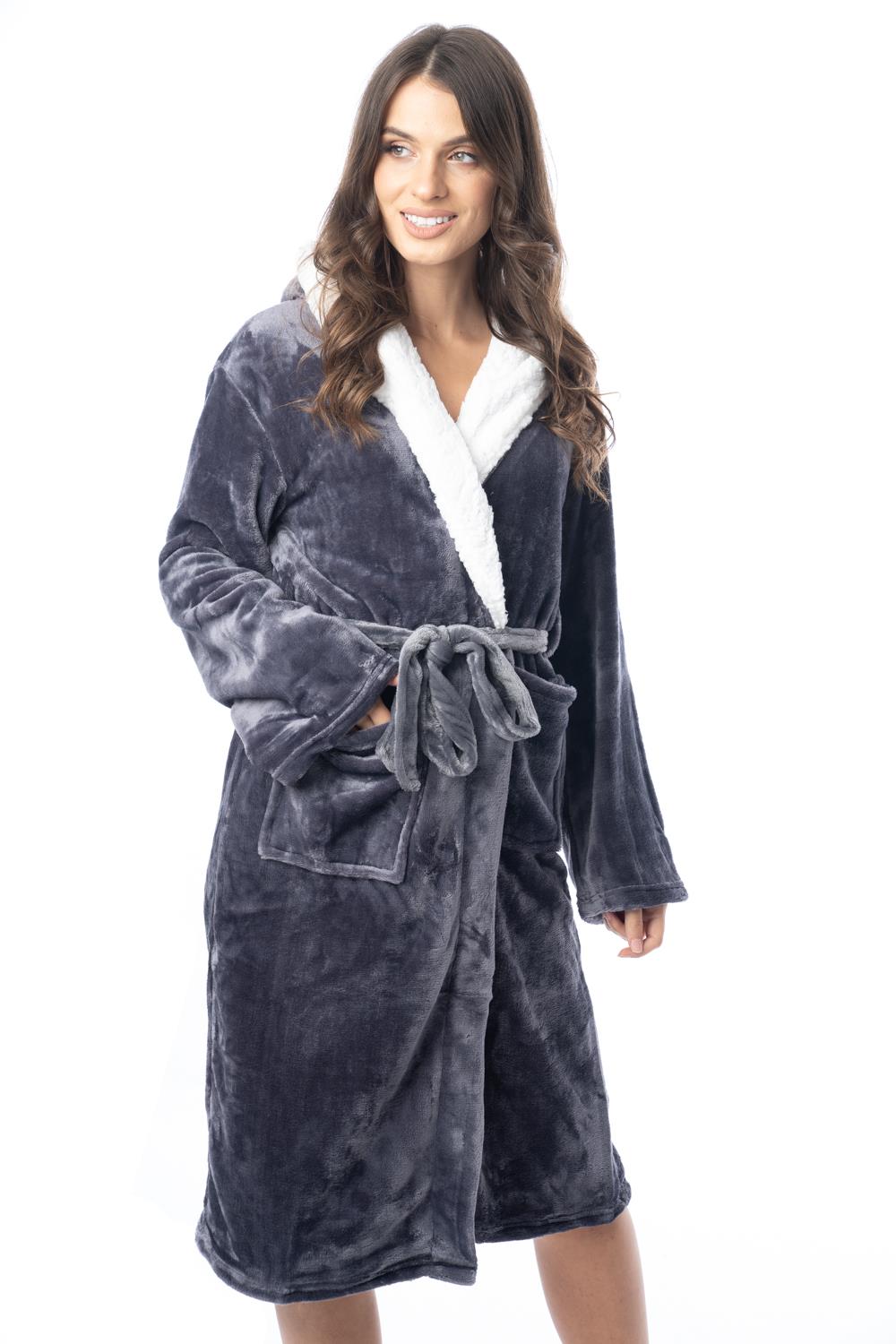 Womens Hooded Dressing Gown Bath Robe Flannel Fleece Robes Sherpa Hood Gowns eBay