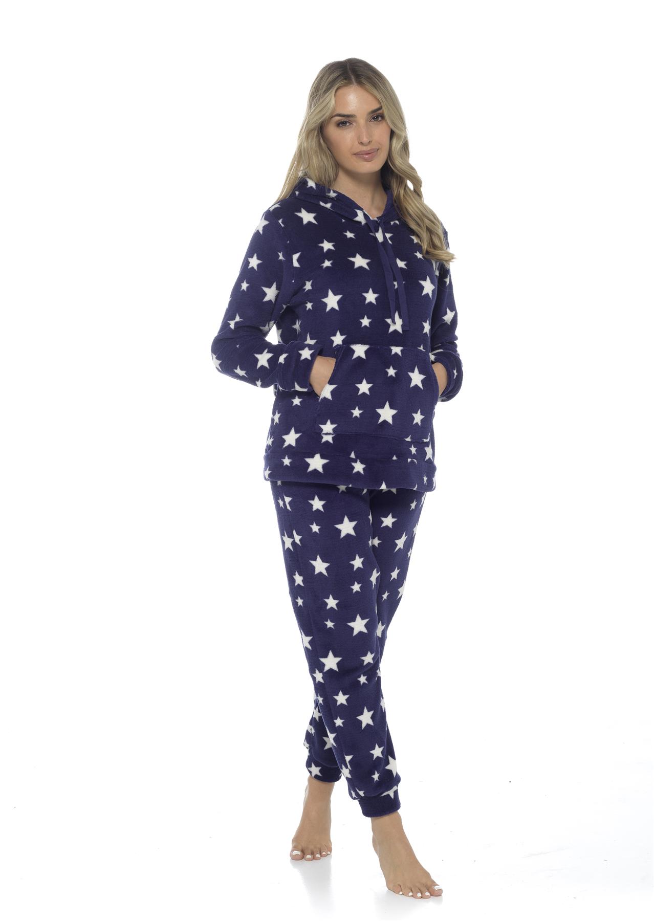 Women's Stars Hooded Pyjamas Warm Fleece Top & Pants Pyjama Lounge Set PJs - Picture 29 of 31