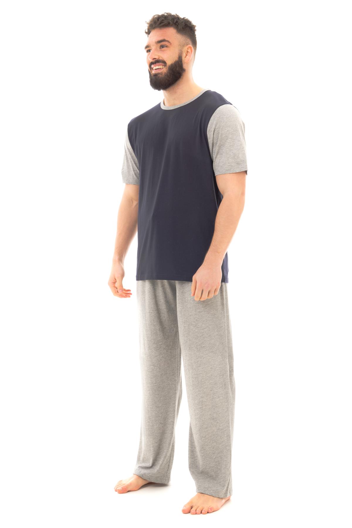 Mens Long Pyjama Sets Cotton Pyjamas Loungewear T Shirt Pants PJ Set - Picture 7 of 15