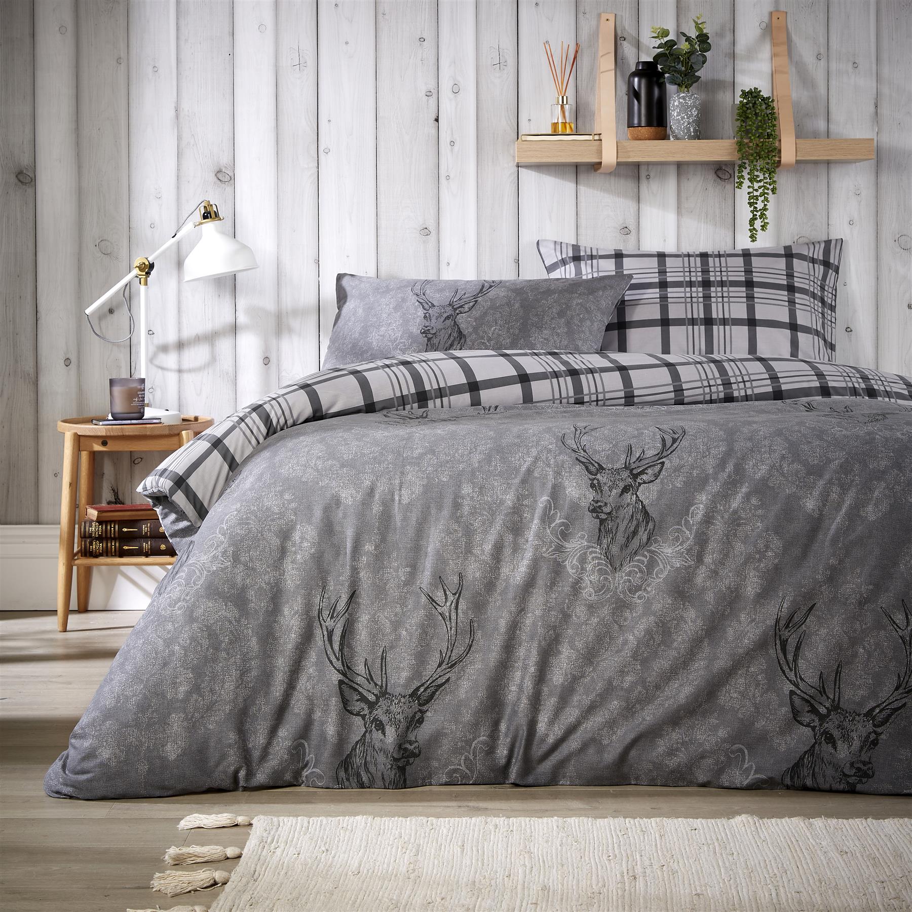 Stag Duvet Cover Set Quilt Covers Reversible Check Bedding Bed Linen Sets - Picture 5 of 5