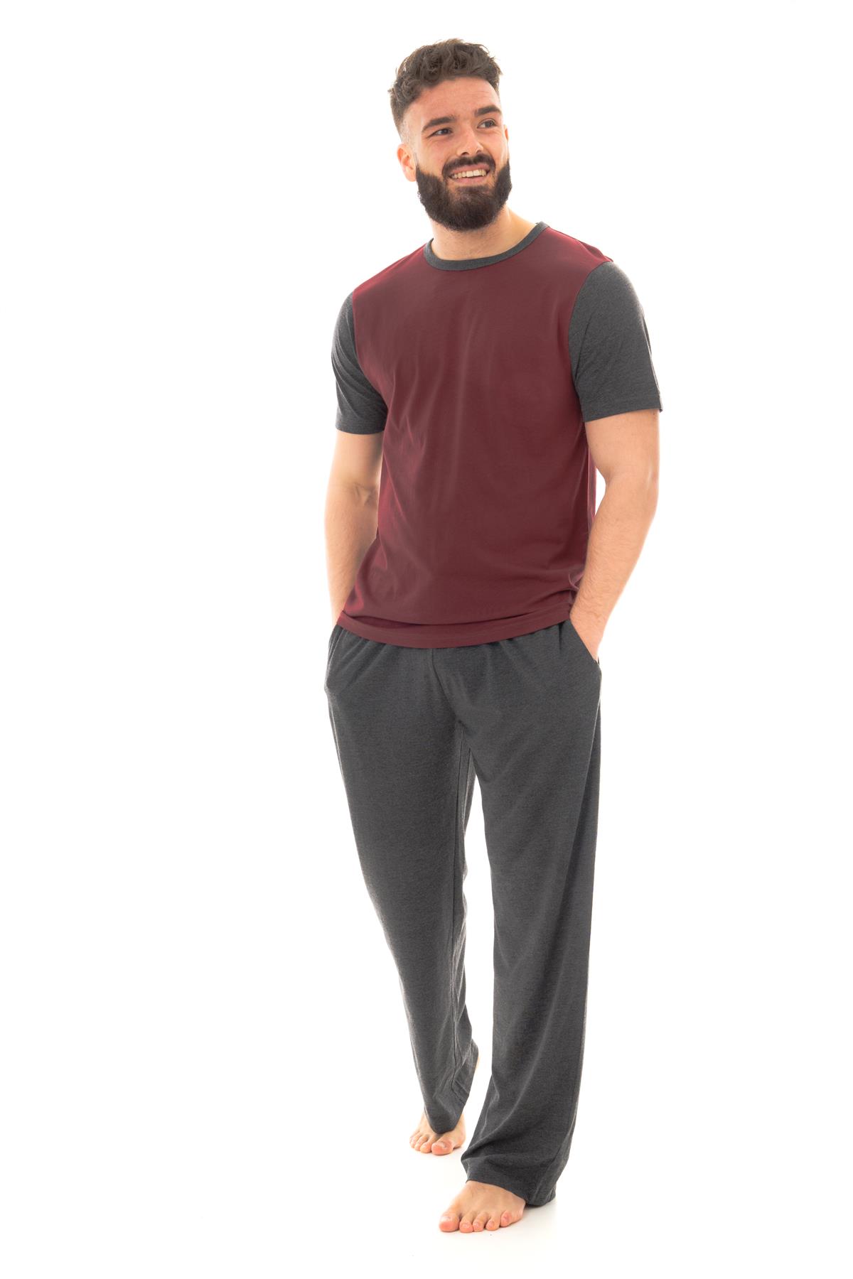 Mens Long Pyjama Sets Cotton Pyjamas Loungewear T Shirt Pants PJ Set - Picture 13 of 15