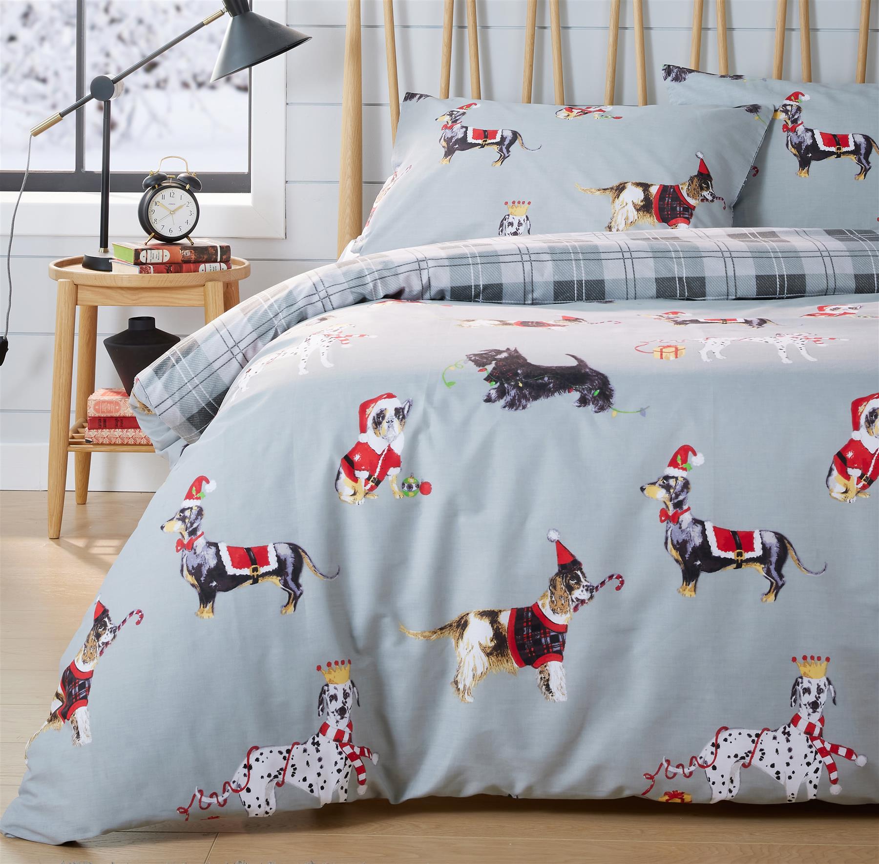 Christmas Dogs Duvet Cover Set Quilt Covers Reversible Check Bedding Bed Linen - Picture 5 of 5