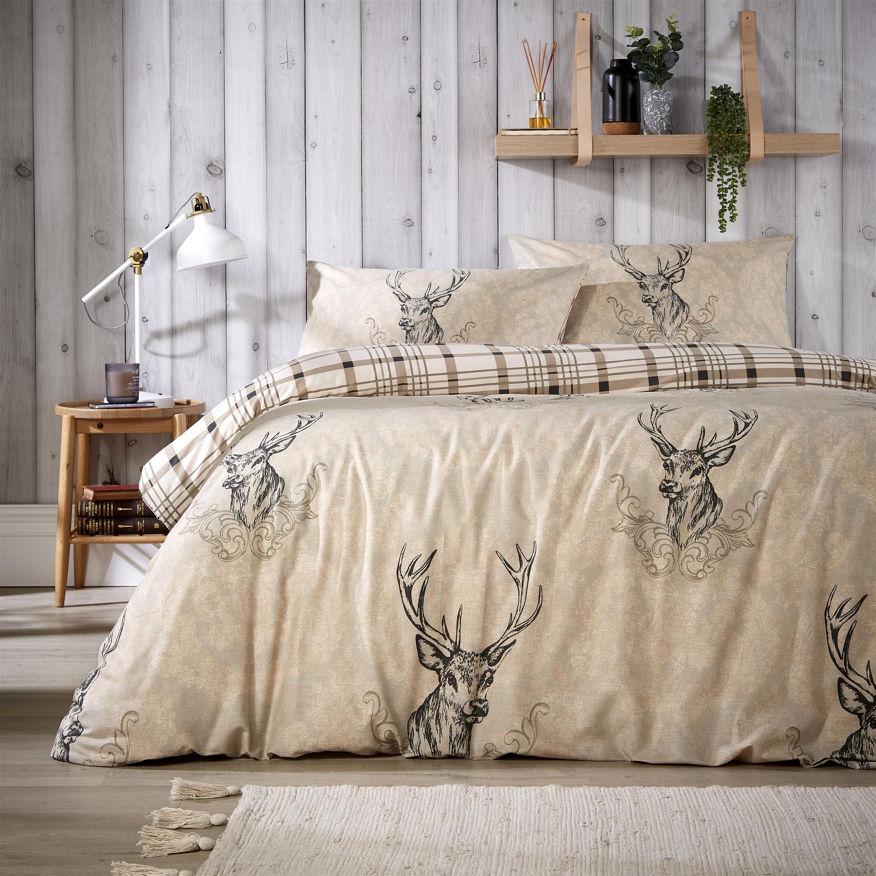 Stag Duvet Cover Set Quilt Covers Reversible Check Bedding Bed Linen Sets - Picture 2 of 5