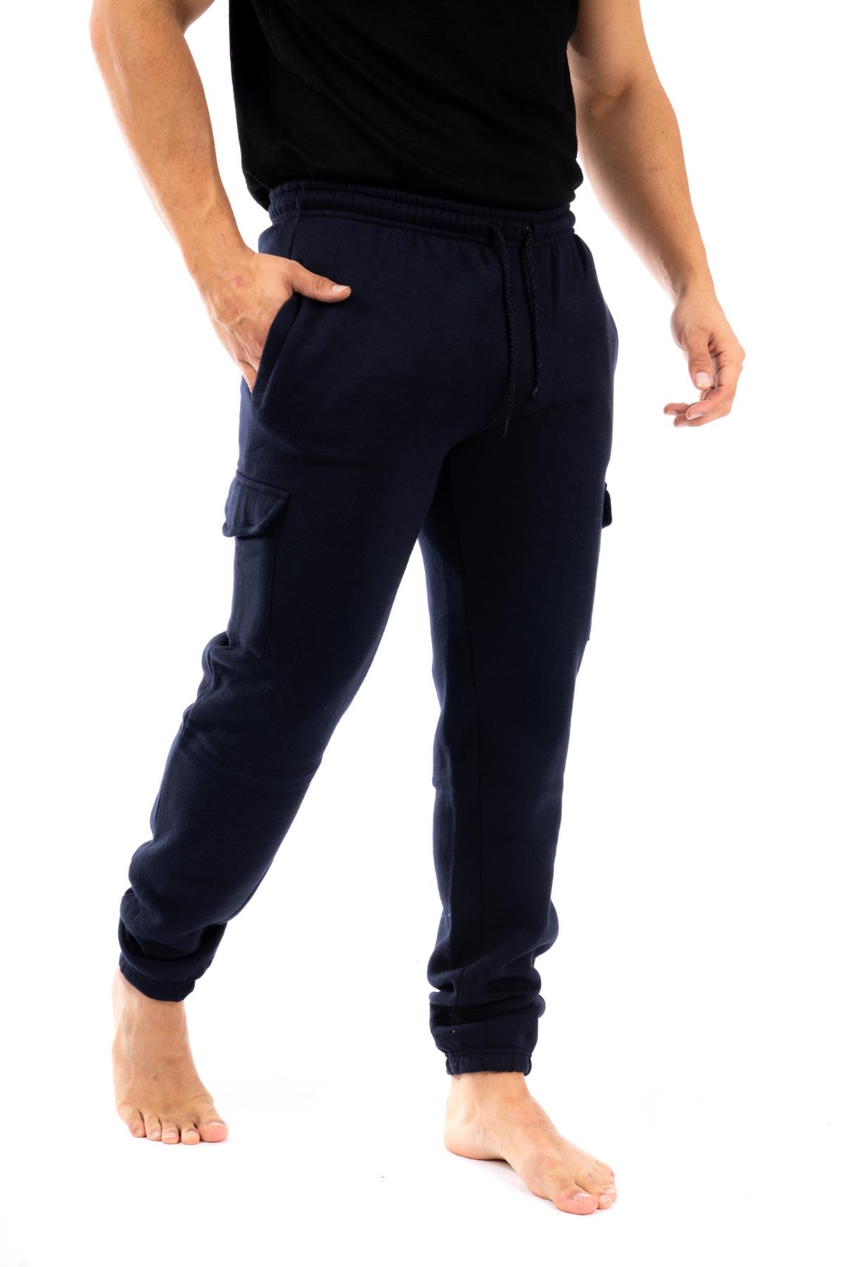 Mens Tracksuit Bottoms Cargo Side Pockets Fleece Bottom Jogging Sweat