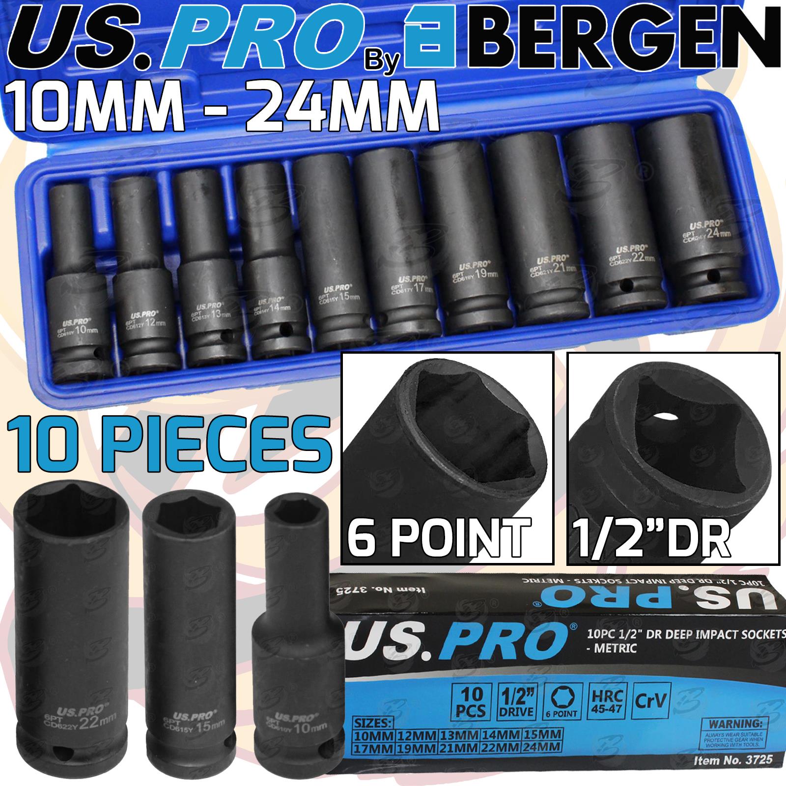 US PRO DEEP IMPACT SOCKET Set 1/2"Dr 10pc 10mm24mm 6pt Hex Long Reach