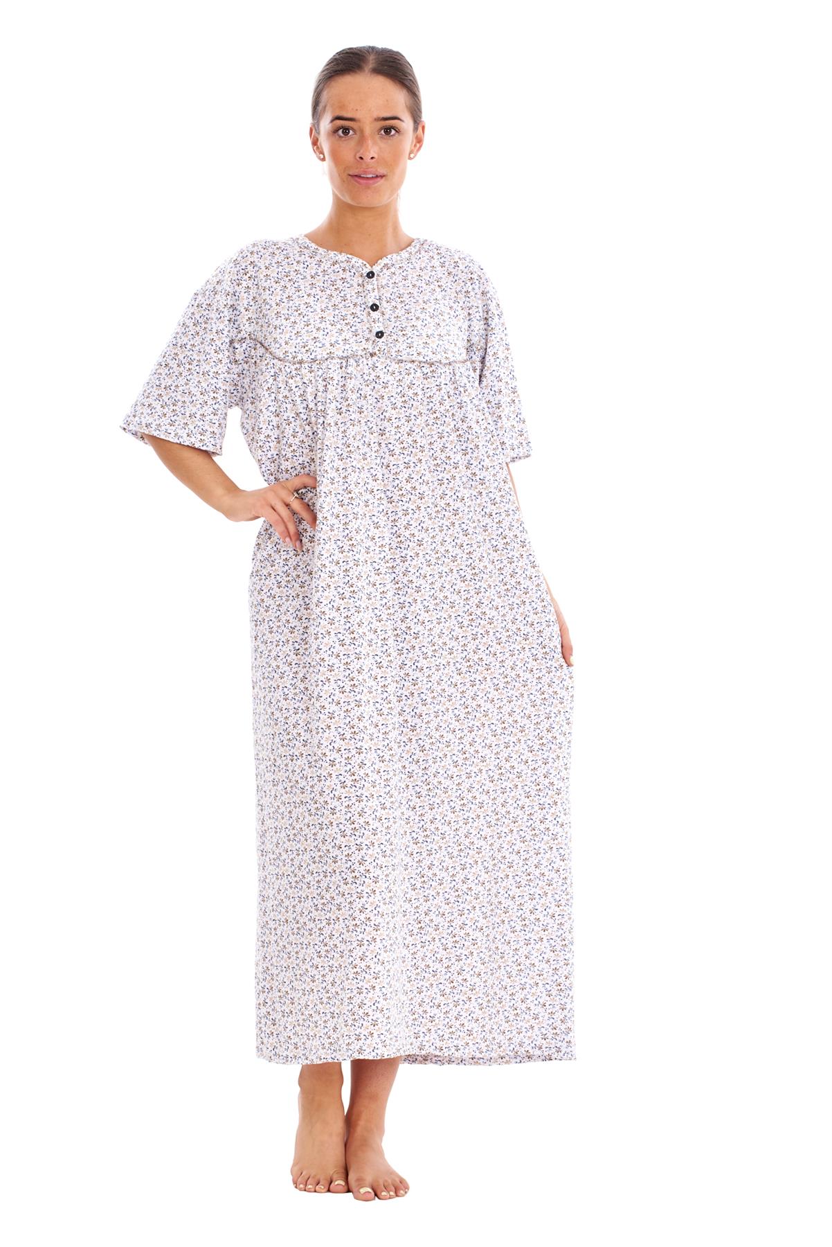 Women Cotton Long Nightdress Floral Button Short Sleeve Crew Neck Nightwear