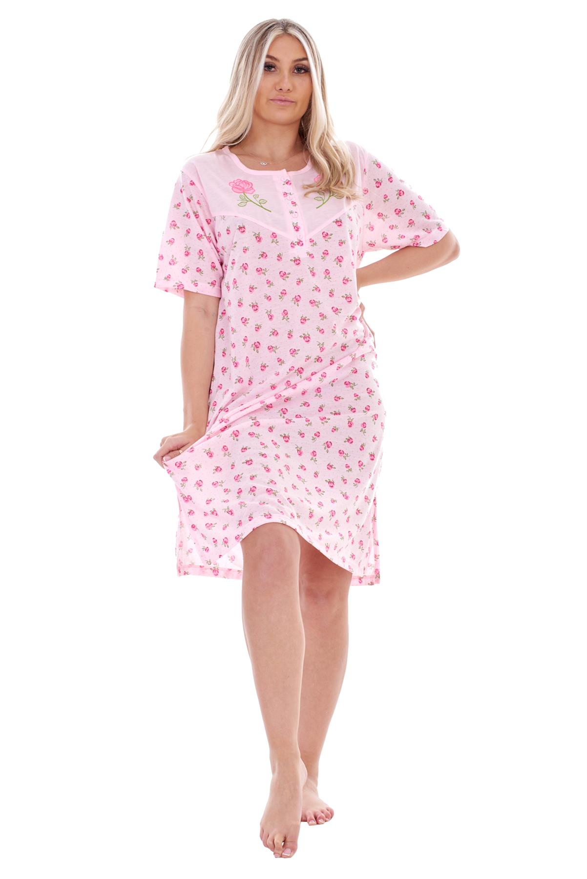 Ladies Nightdress Floral Print Chemise Short Sleeve Buttons Nightshirt