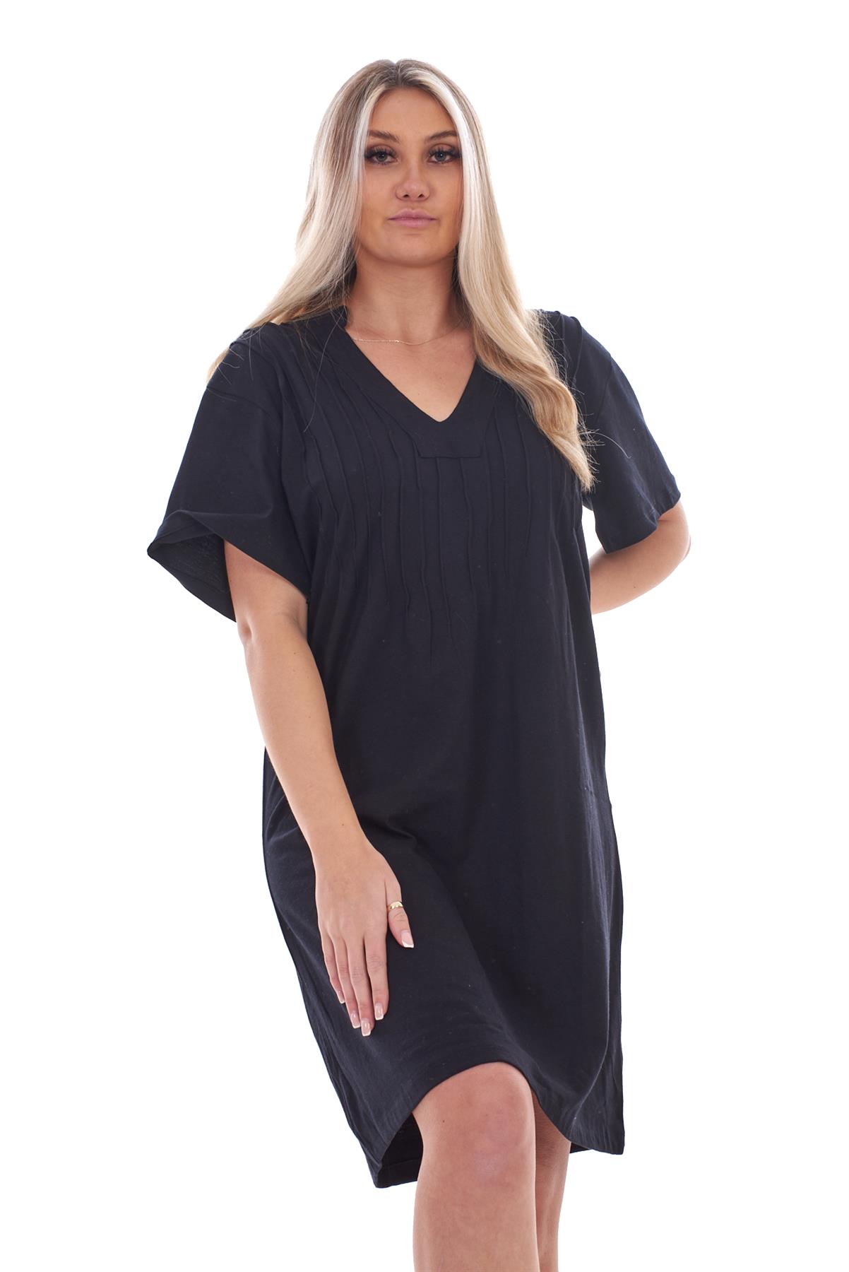 Ladies Plain Cotton Nightwear V-Neck Pleated Short Sleeve Nightie Nightshirt - Picture 6 of 33
