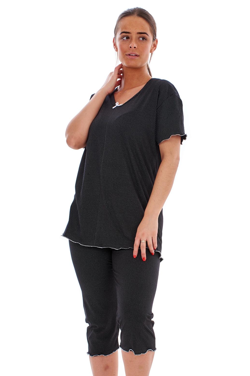 Ladies Cropped Pyjama Set Short 100%Cotton Polka Dot Print V-Neck Capri Soft PJs | eBay