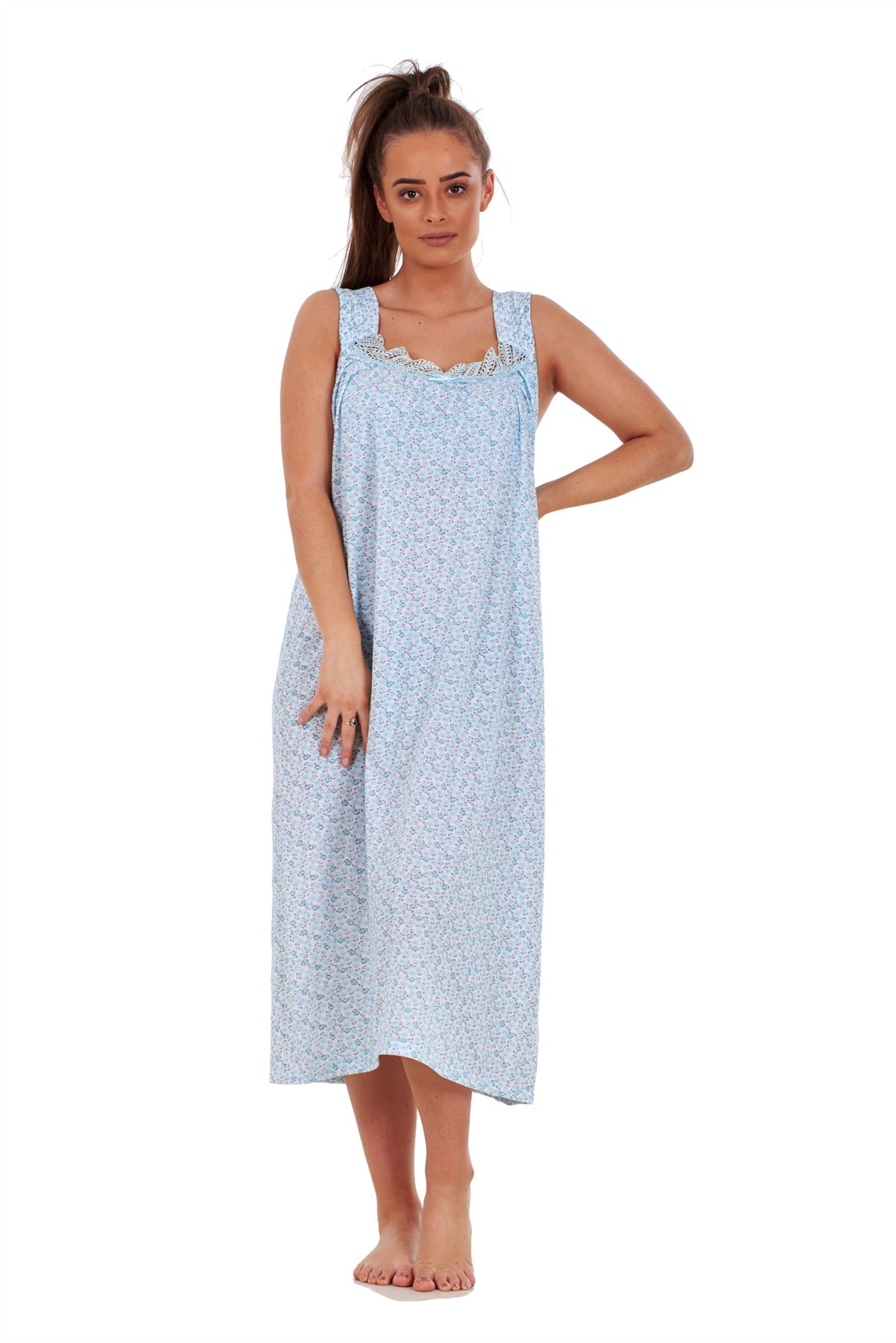 Ladies Nightwear Floral Print 100% Cotton Sleeveless Long Nightdress M to XXXL - Picture 18 of 37