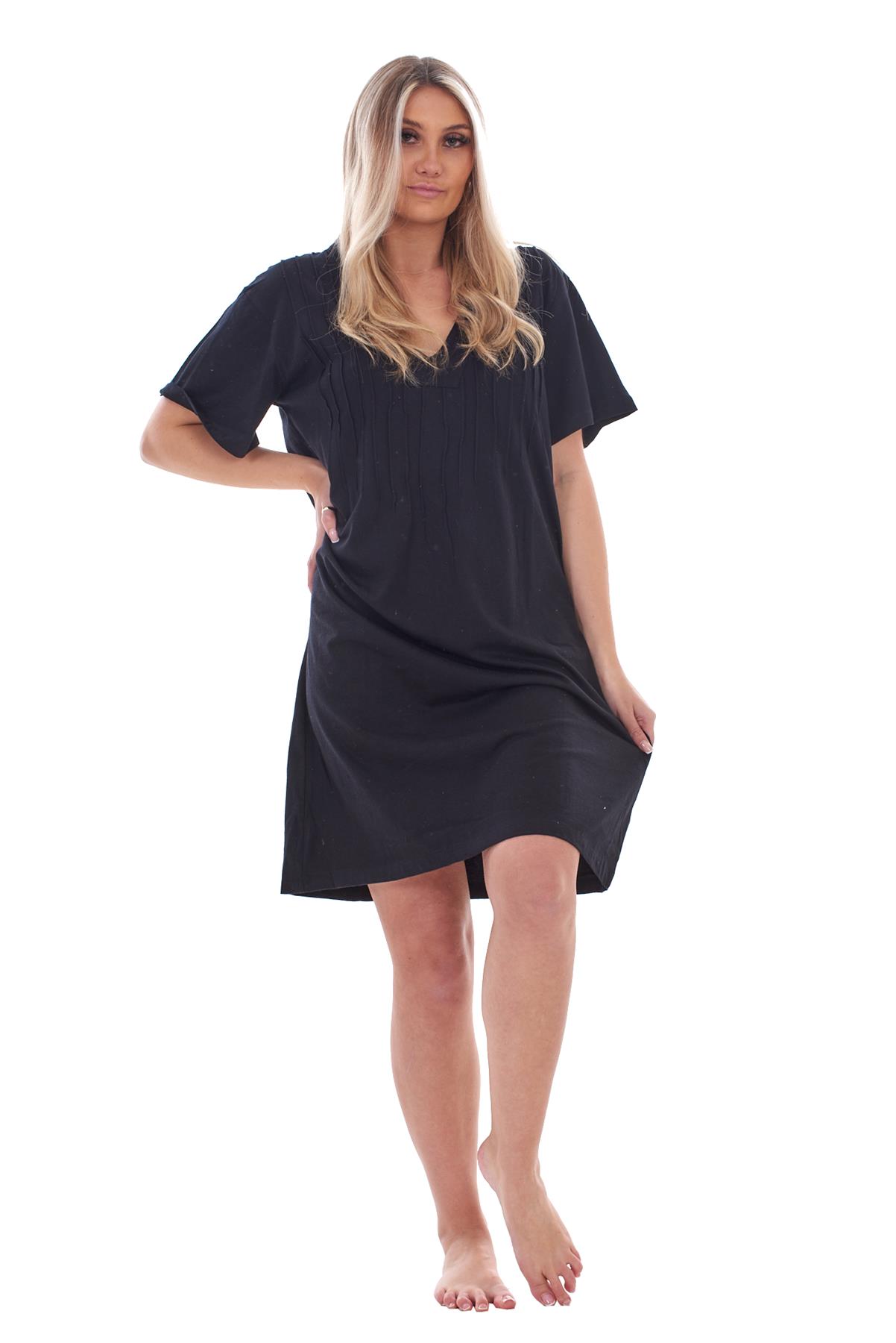 Ladies Plain Cotton Nightwear V-Neck Pleated Short Sleeve Nightie Nightshirt - Picture 12 of 33