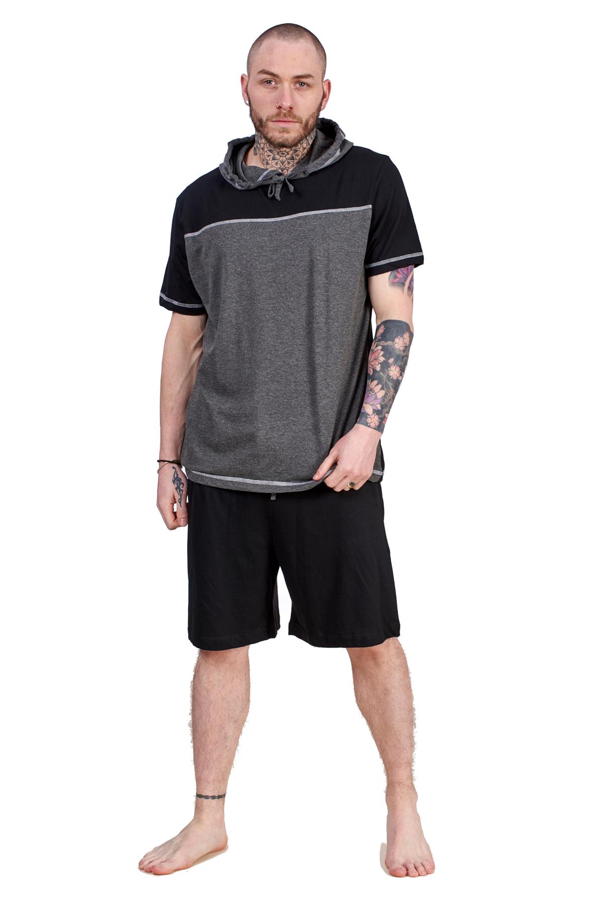 Mens Short Pyjama Set 100 Cotton Soft Jersey Hooded Top Loungewear Set