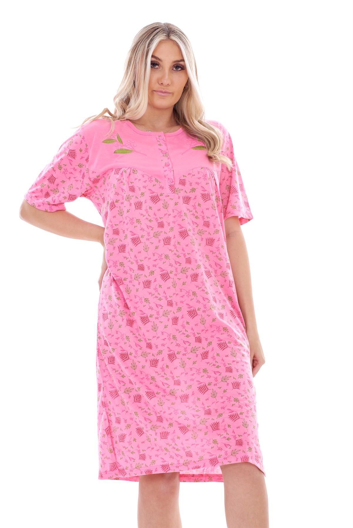 Ladies Nightdress Floral Print Chemise Short Sleeve Buttons Nightshirt