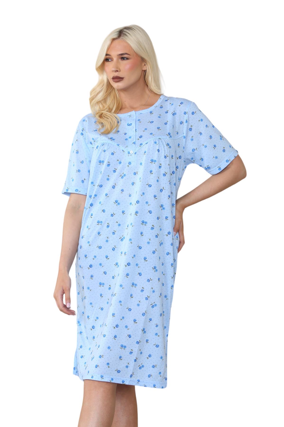 Ladies Floral Short Sleeve Nightdress Cotton Rich Pyjamas Loungewear Gown