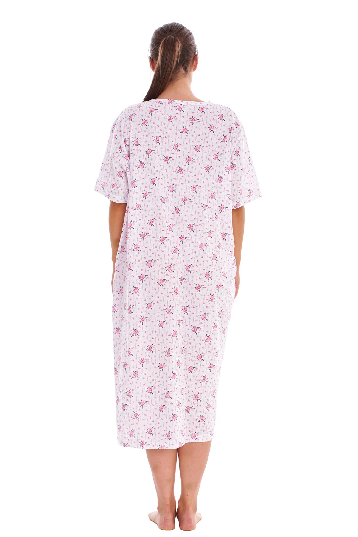 Women Long Nightdress Floral Button Short Sleeve Crew Neck Soft Cotton