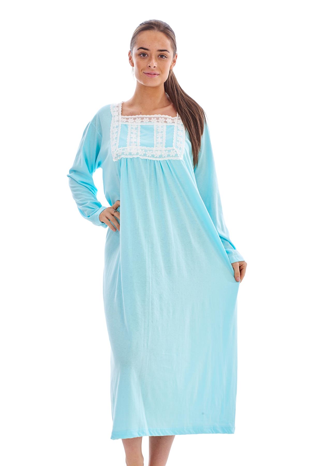 Women Long Nightdress Plain 100 Cotton Long Sleeve Lace Nightgowns
