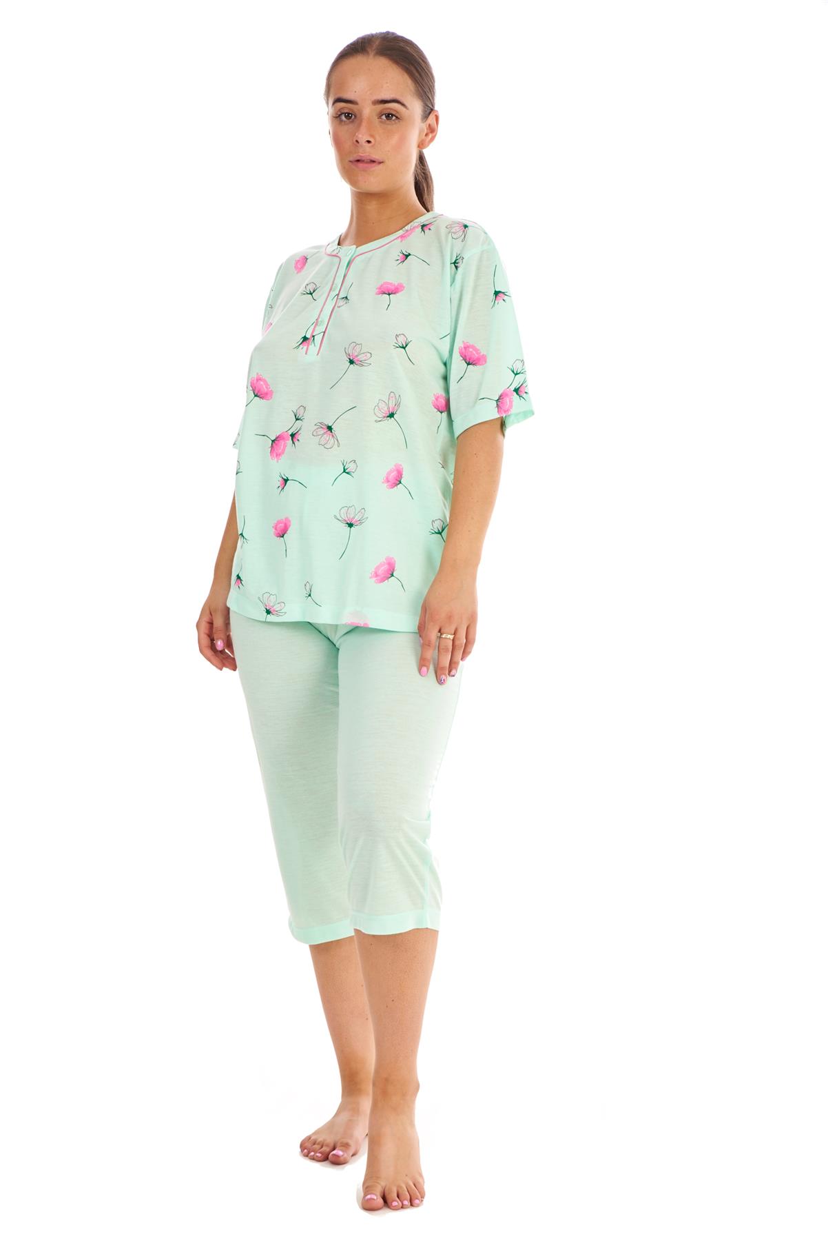Ladies Cropped Pyjama Set Short 100 Cotton Floral Print soft Capri