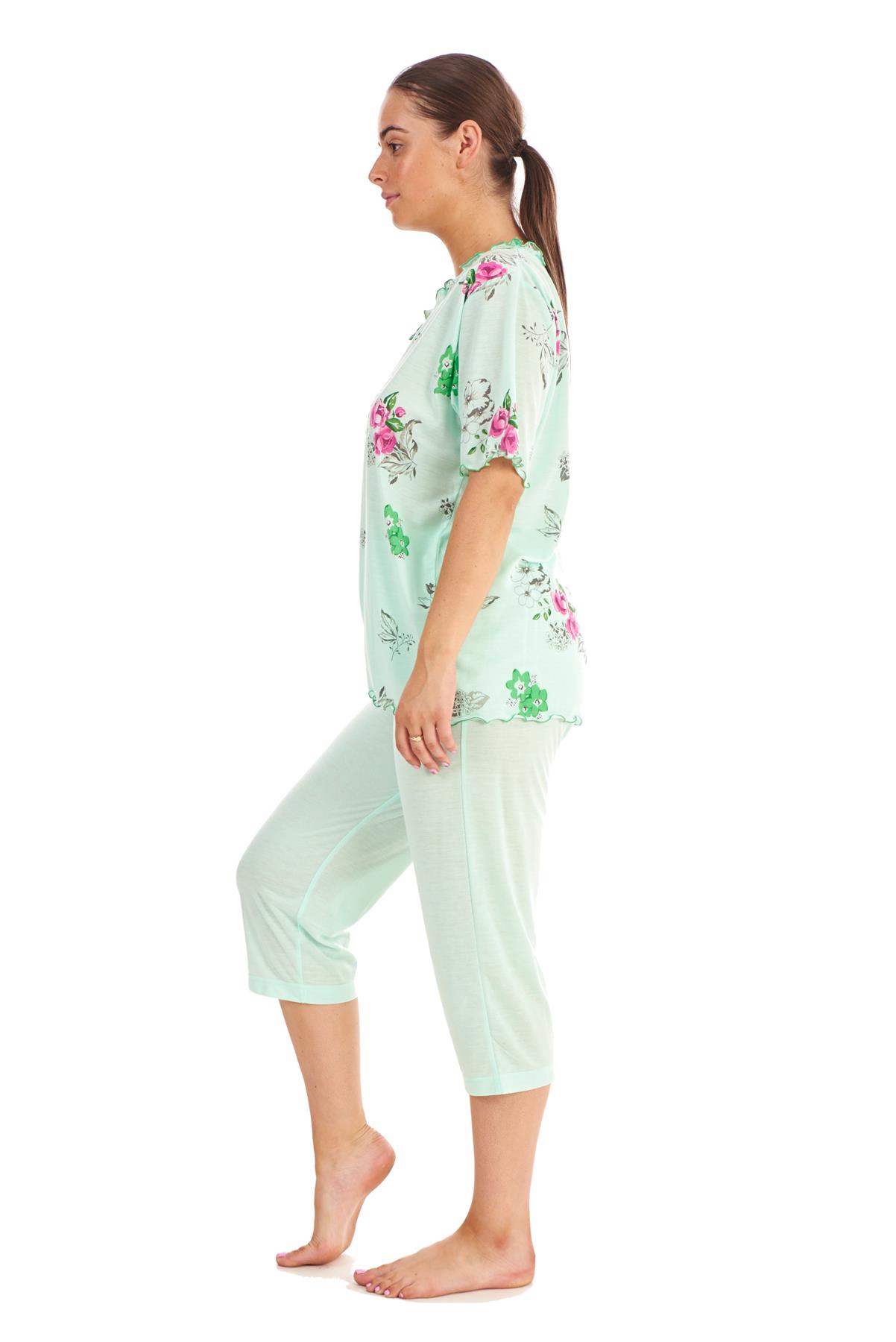 Ladies Cropped Pyjama Set 100% Cotton Floral Dot Printed V Neck Capri S to XXXL | eBay