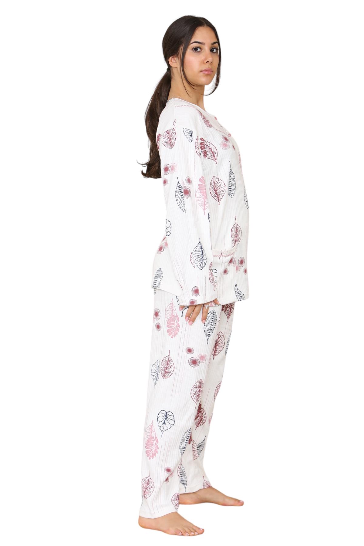 Womens Cotton Pyjamas Set Long Sleeve Leaf Print Thermal Loungewear Nightwear UK - Picture 15 of 18