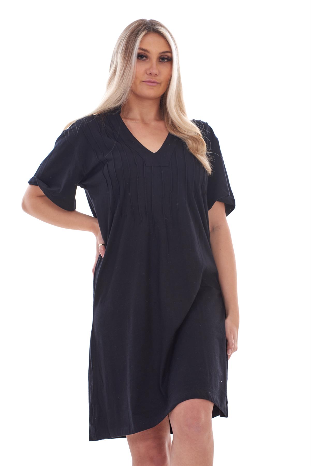 Ladies Plain Cotton Nightwear V-Neck Pleated Short Sleeve Nightie Nightshirt - Picture 7 of 33