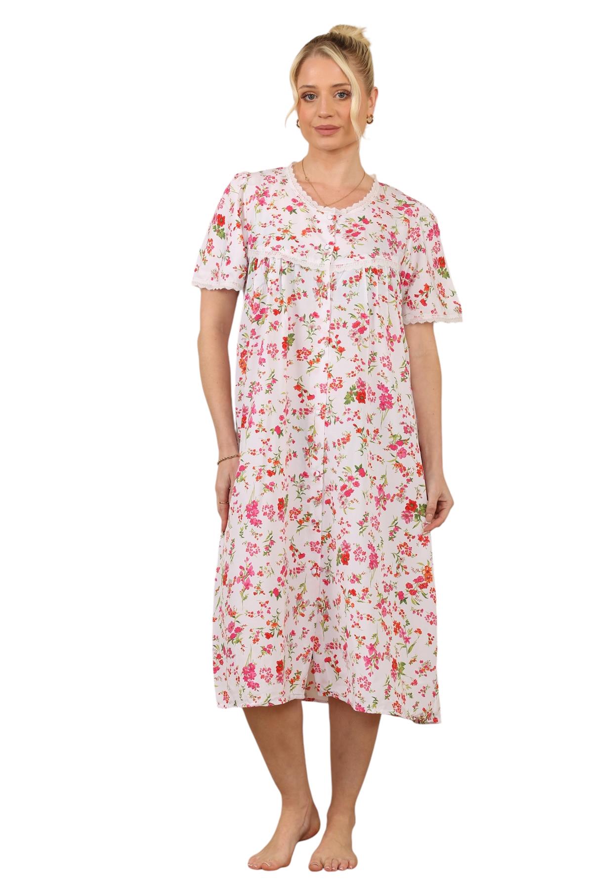 Ladies Floral Printed Lace Trim Button-Through Regular Comfort Nightdress - Picture 11 of 14