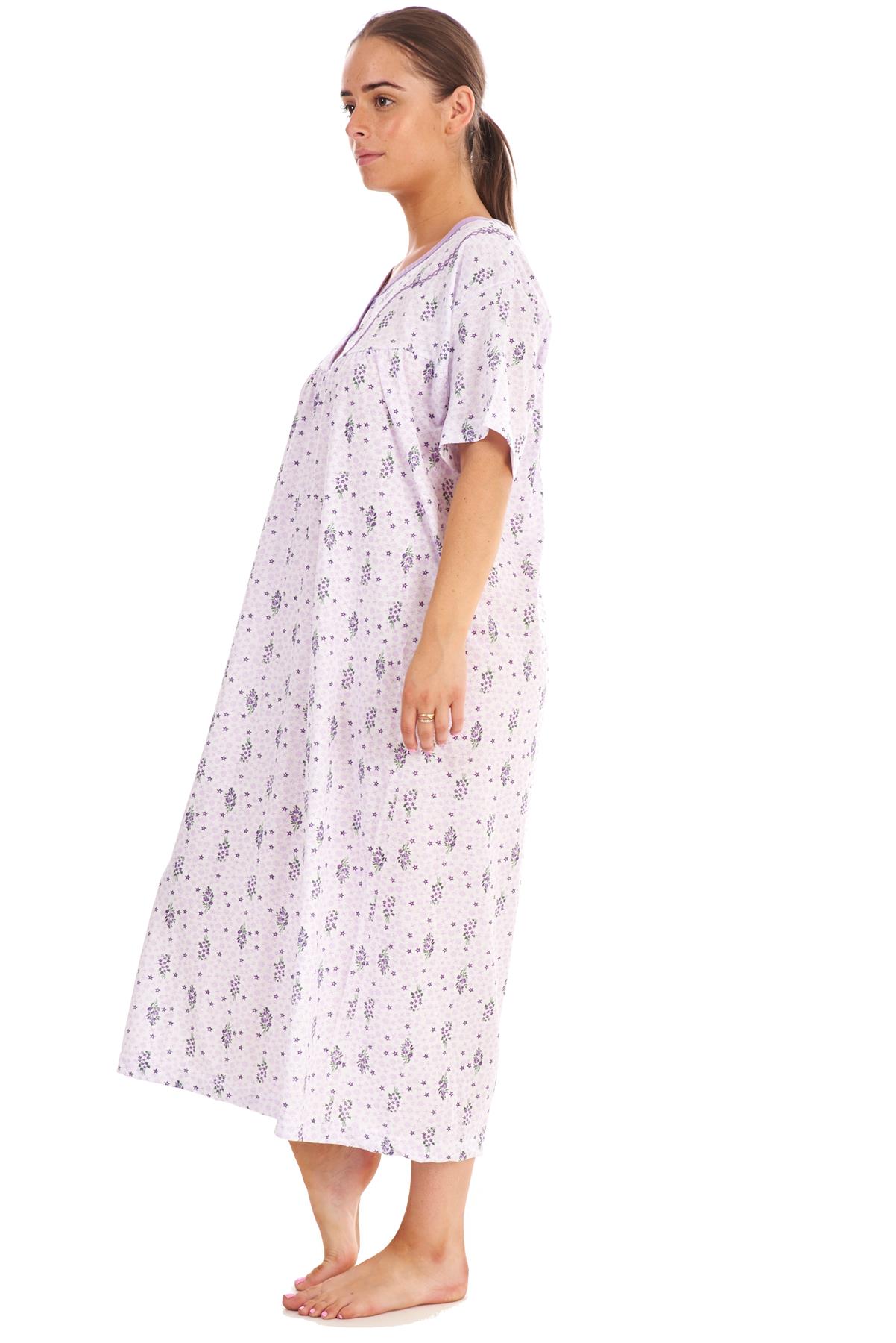 Women Cotton Long Nightdress Floral Button Short Sleeve V-Neck Soft Nightwear - Picture 9 of 16