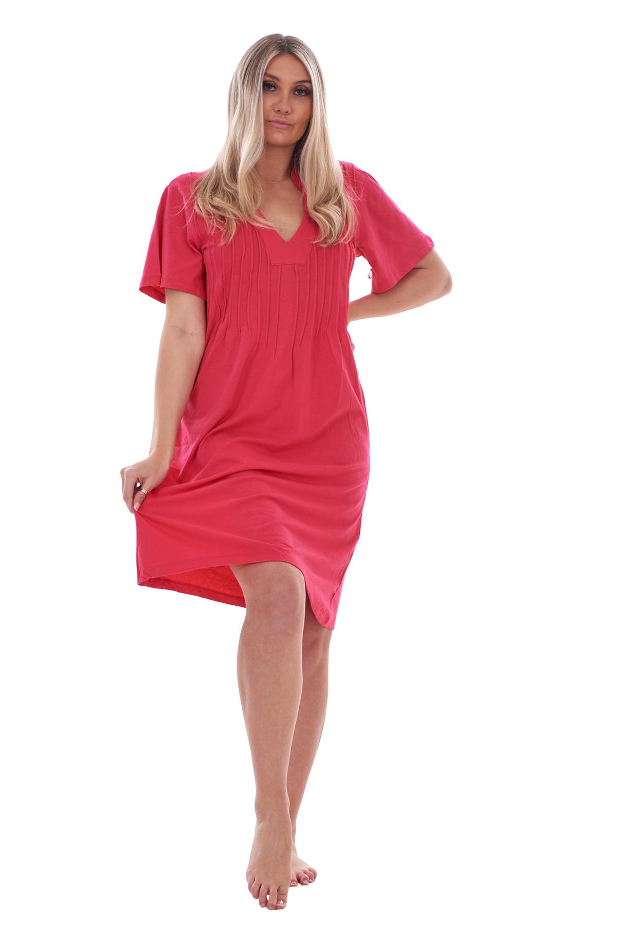Ladies Plain Cotton Nightwear V-Neck Pleated Short Sleeve Nightie Nightshirt - Picture 25 of 33